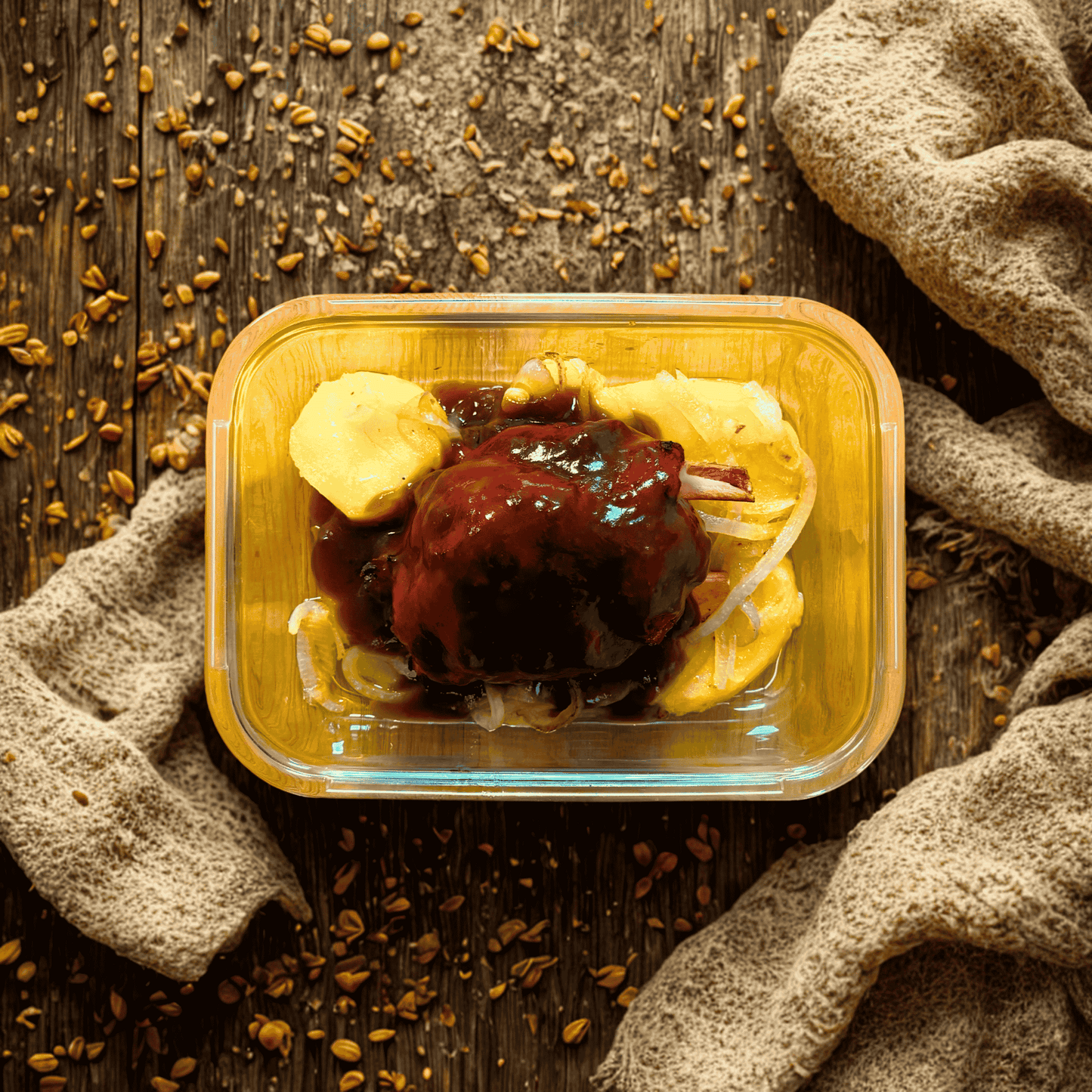Codillo asado con jugo de carne y patata panadera