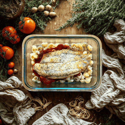 Filete de panga con pasta tiburón y salsa de tomate con eneldo